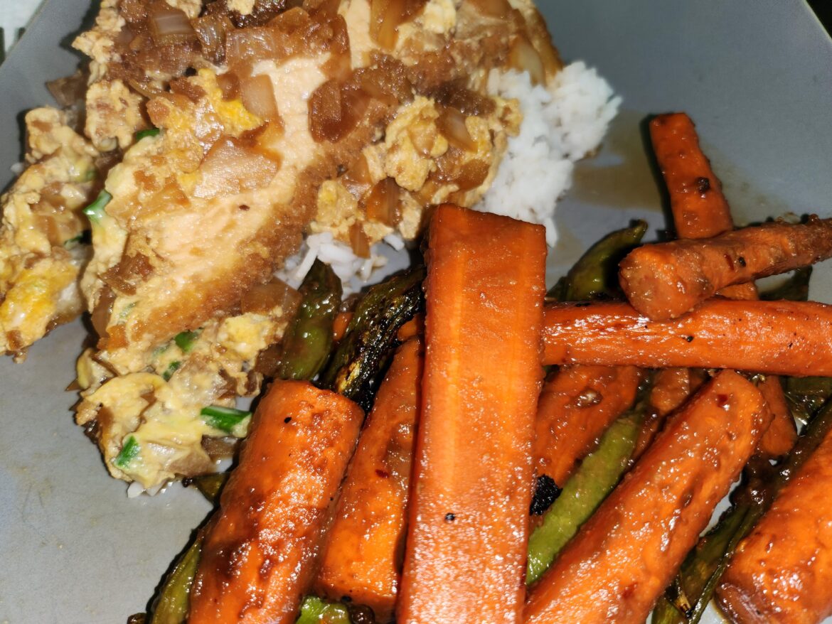 Kenji's Katsudon with Miso Glazed Carrots and Snap Peas!
