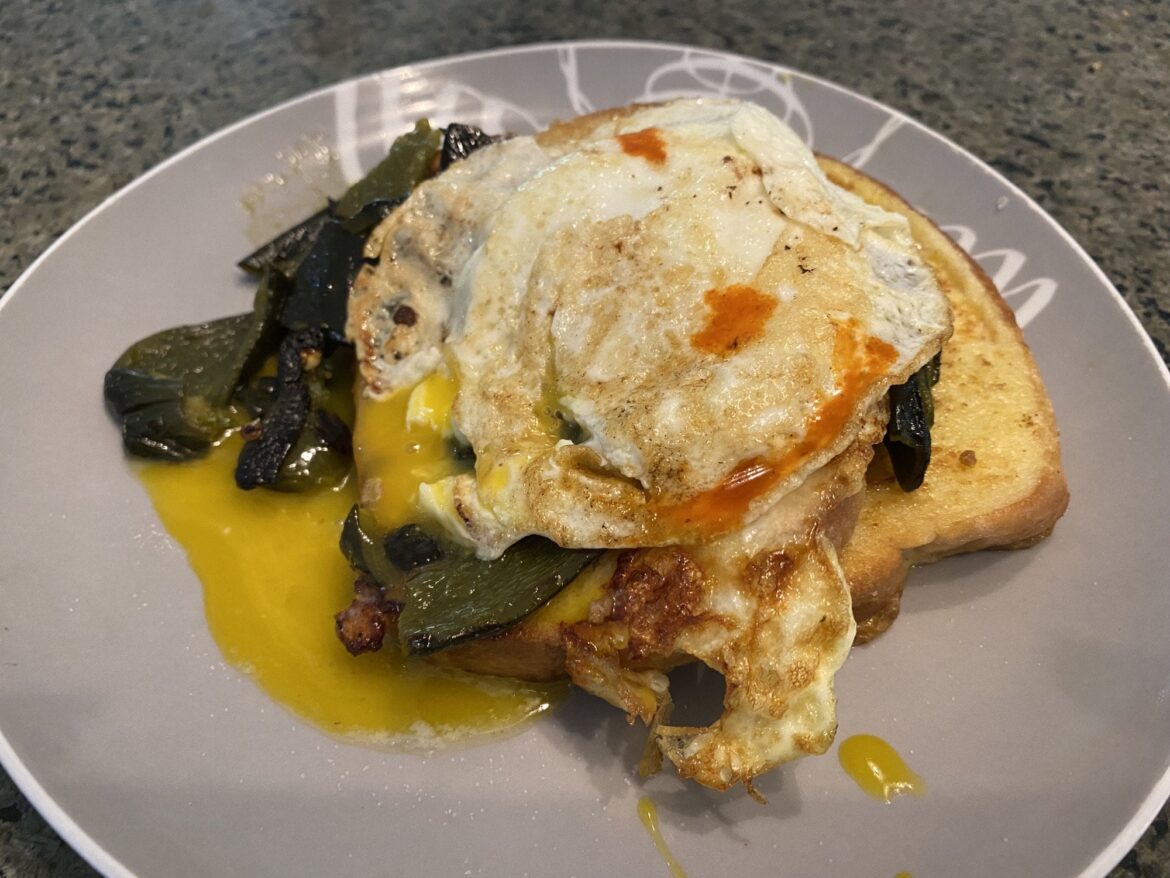 Savory coriander French toast with roasted poblanos