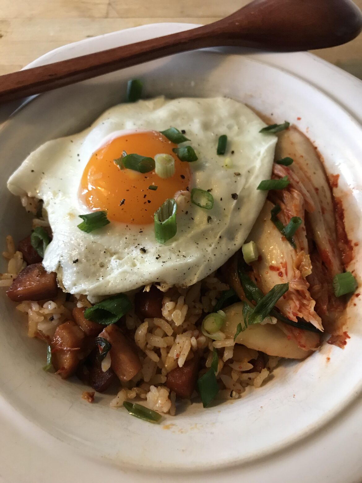 Spam & kimchi fried rice demands an egg on it!
