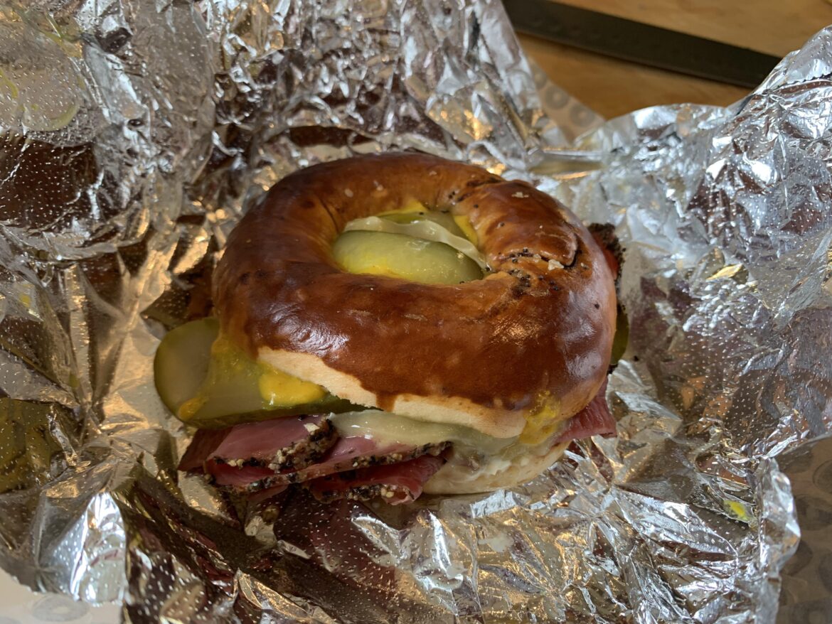 Pretzel bagel with pastrami, Swiss, sweet pickles, Russian dressing and mustard from Bross Bagels, Edinburgh, Scotland