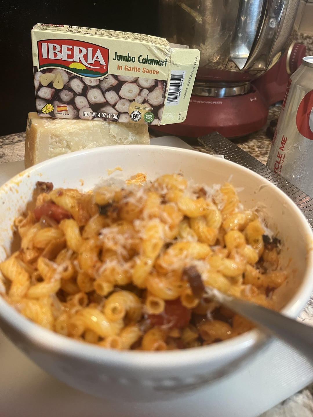 Gluten Free Elbow Pasta with Chicken Sausage in a Lardon Calamari Plum