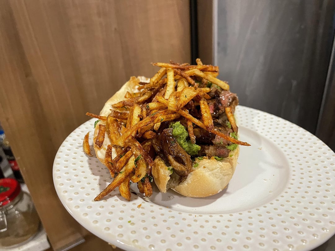 ponzu marinated / glazed steak sandwich w/ chimichurri & shoe string