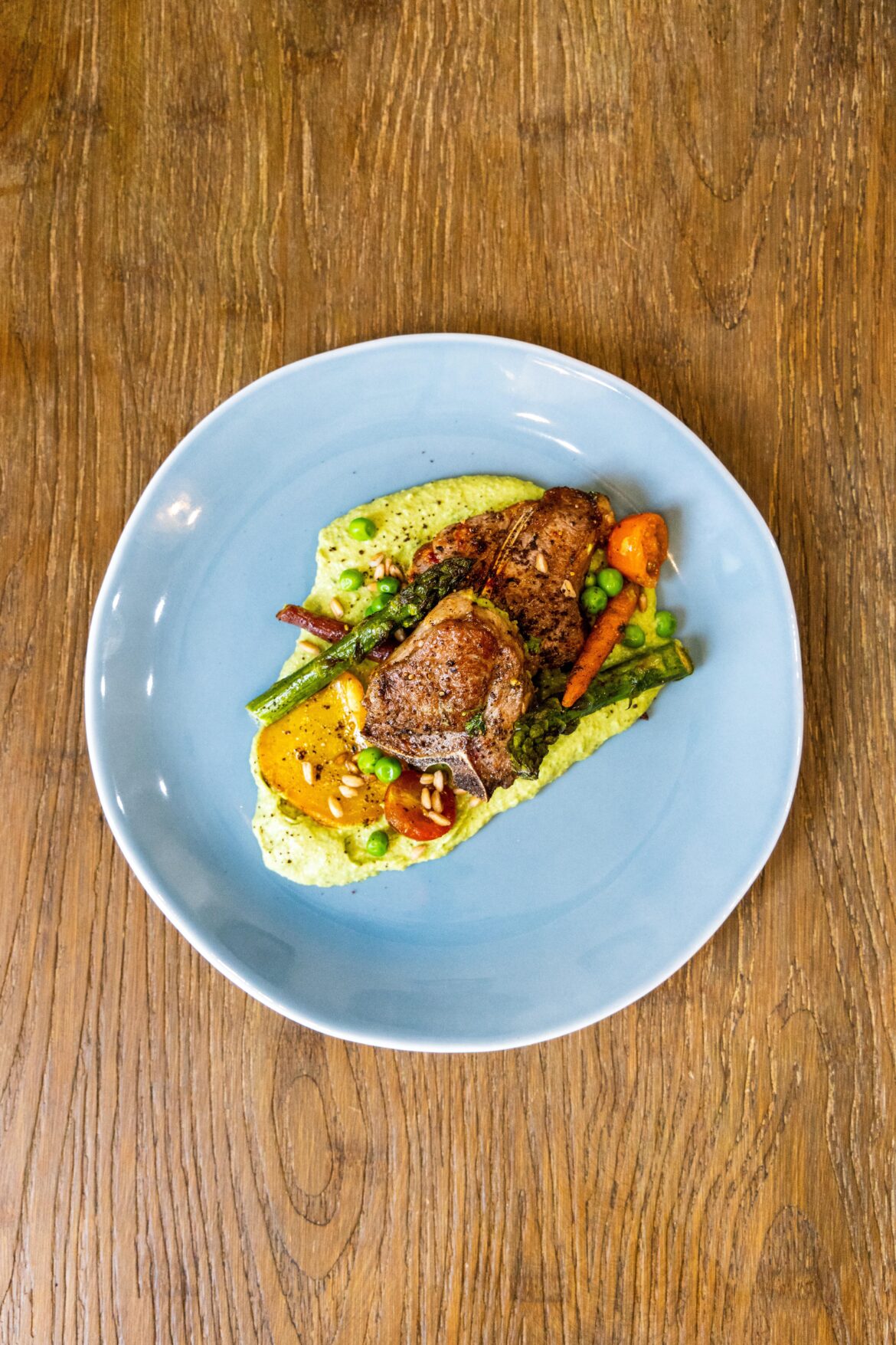 Lamb Loin chops/summer veggies/minted pea purée/