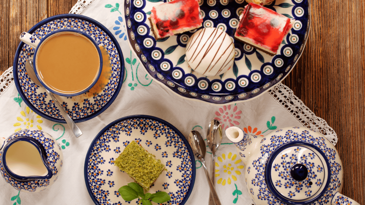 Coffee and cake with jelly and fruit in the afternoon