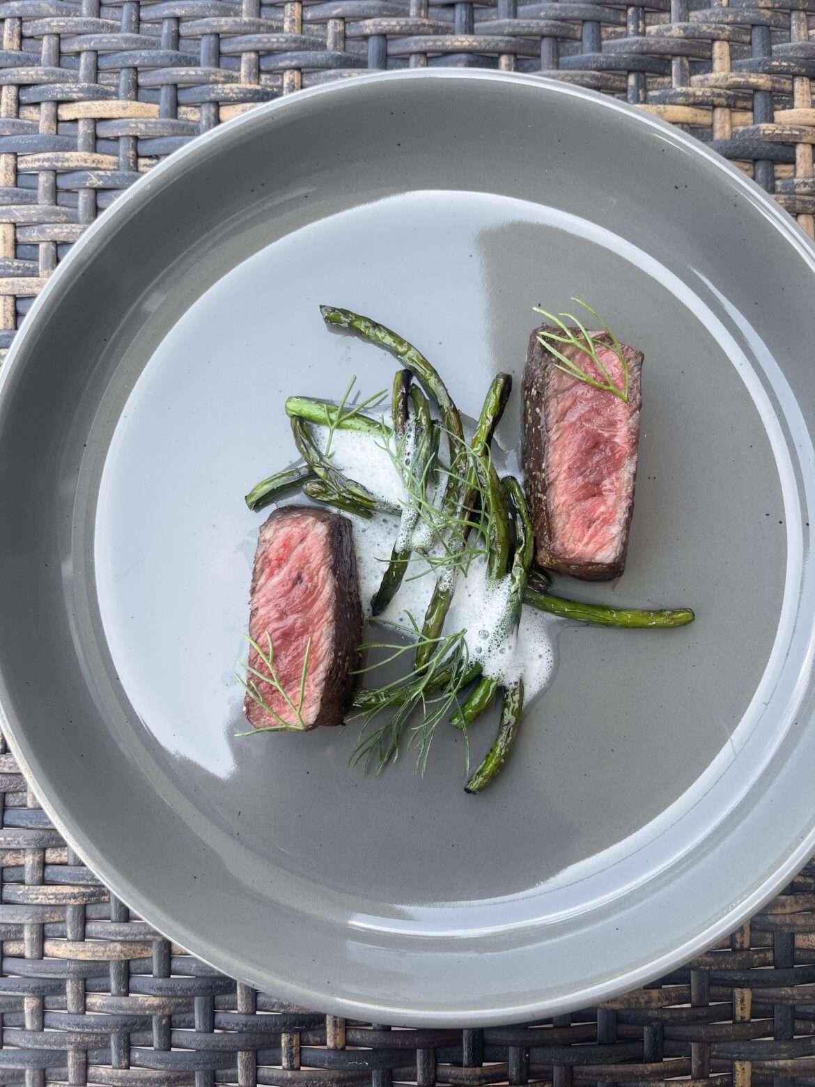 denver steak • charred garlic scapes • fennel + green garlic foam