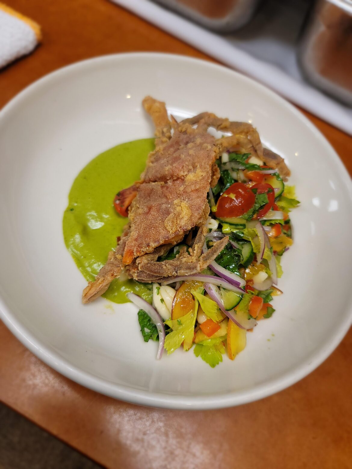Soft Shell Crab, summer salad (peaches, cucumber, onion, pepper, herbs, cavatelli, jalapeno ginger vin) smoked poblano sauce.