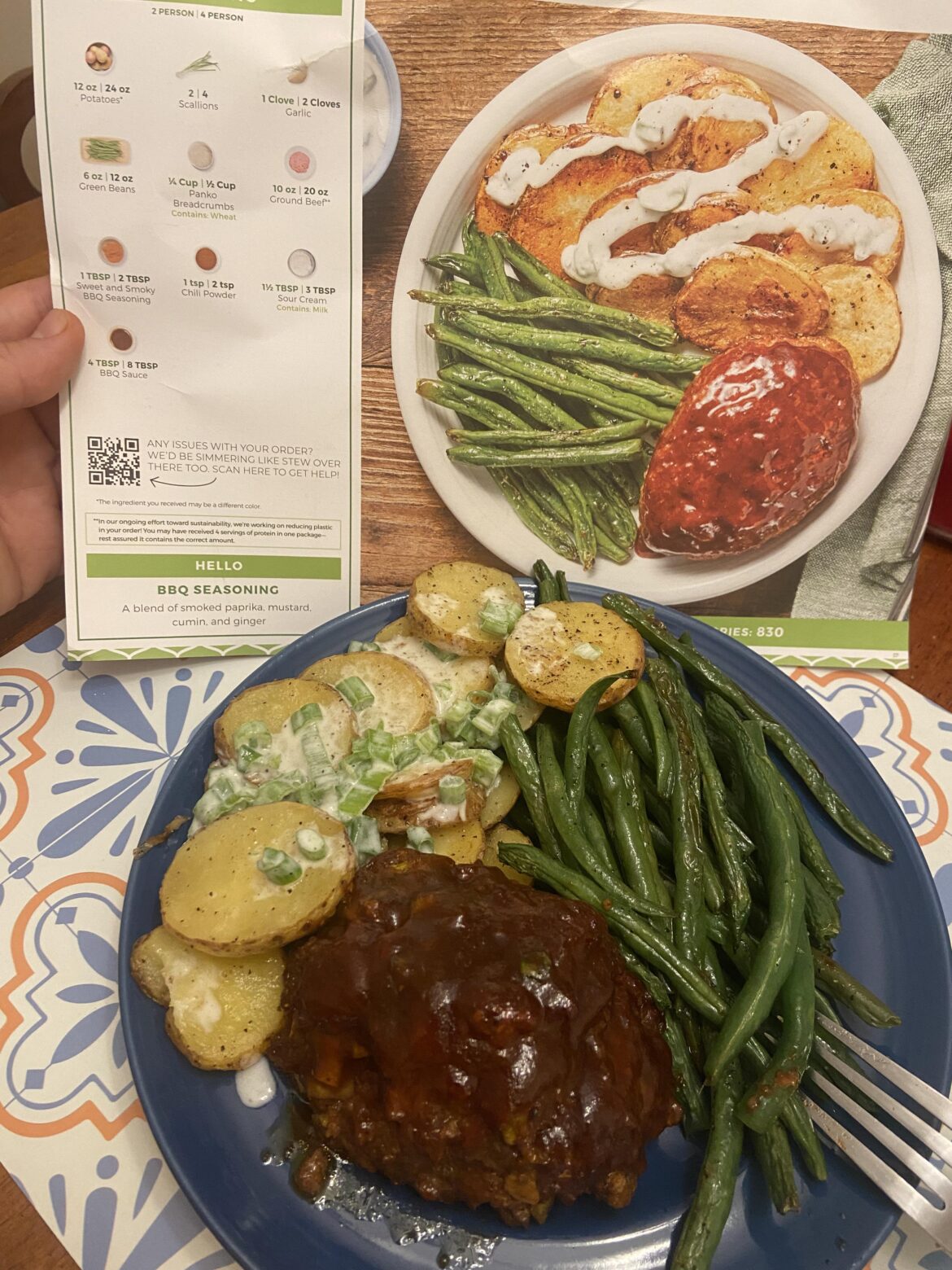 BBQ Meatloaves with Shingled Potatoes and Roasted Green Beans & “scallion crema”
