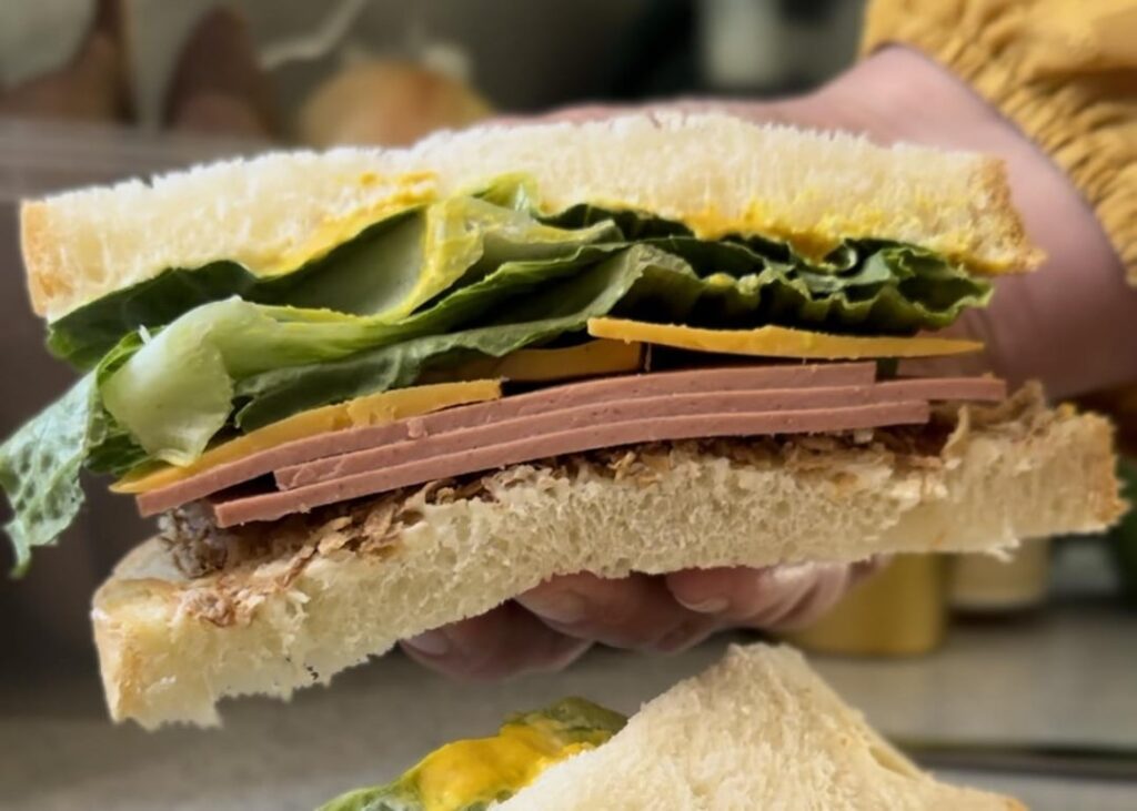 Just a classic bologna sandwich on homemade white bread