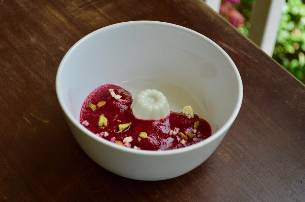 Sweet Grass Dairy Asher Blue Panna Cotta, Beet Gazpacho, Pickled Cherry, Candied Pistachio