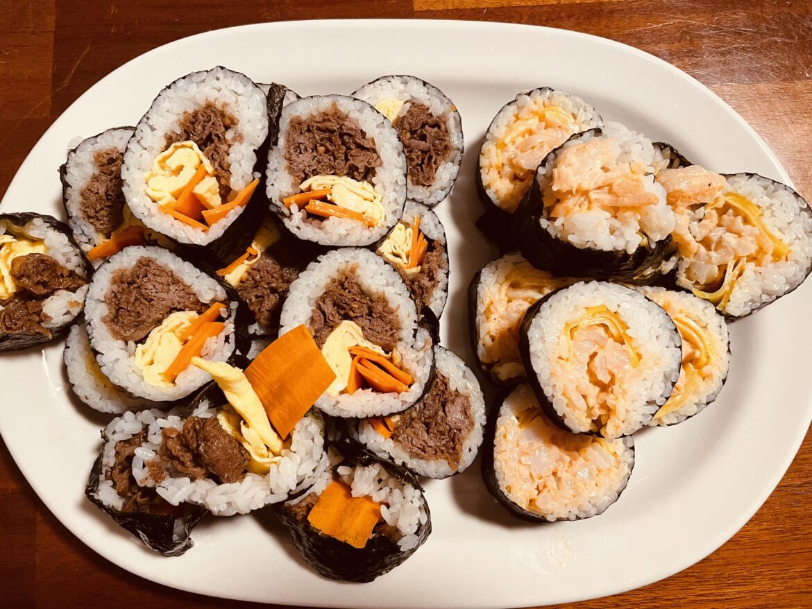 More gimbap! Teriyaki beef with egg and carrot, and shrimp with gochuchang mayo and danmuji