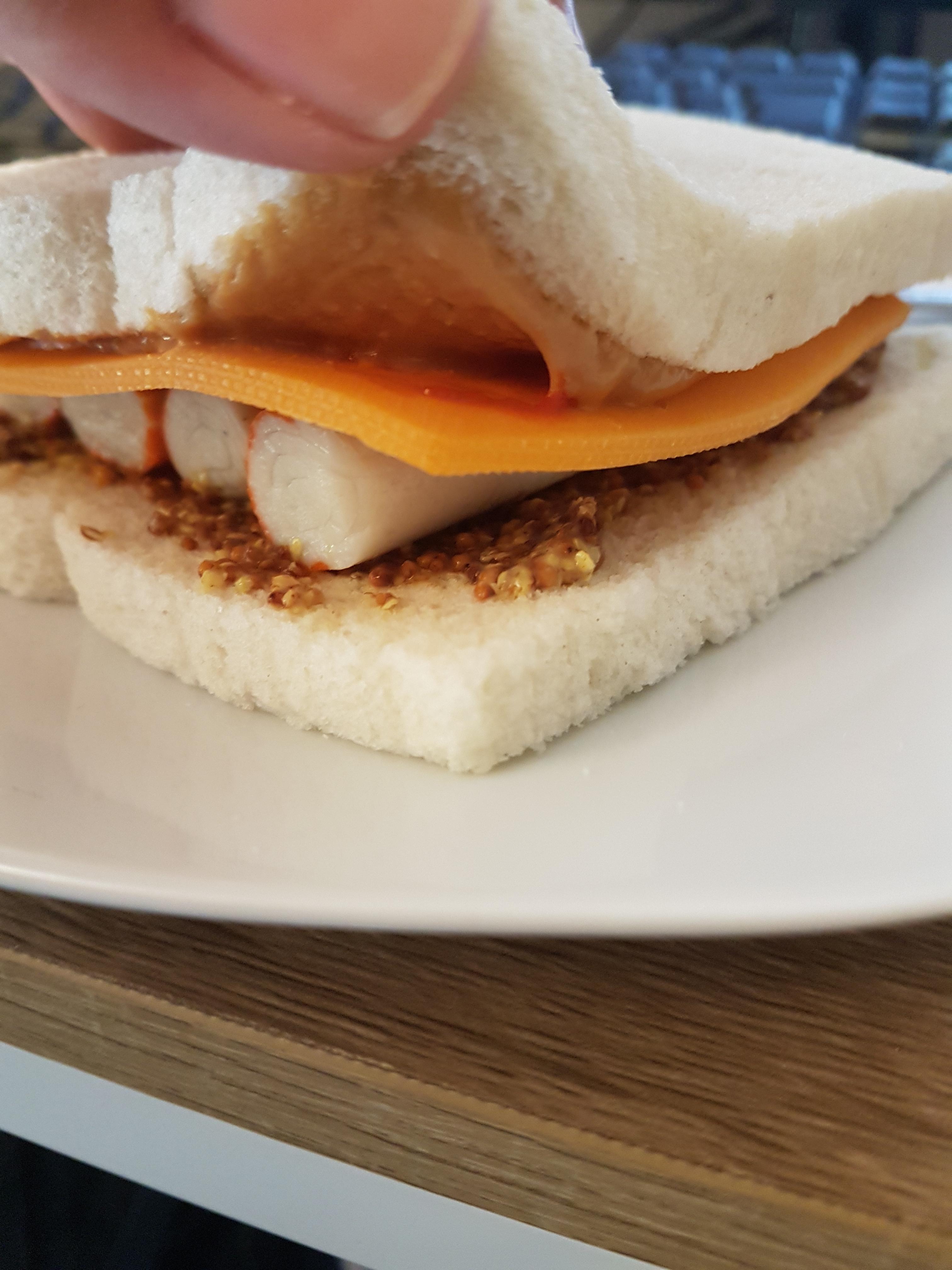 Peanut butter, cheese, crabsticks and mustard sandwich Dining and Cooking