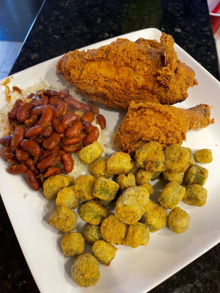 Spicy fried Chicken, Red beans and rice with fried okra. [Homemade]