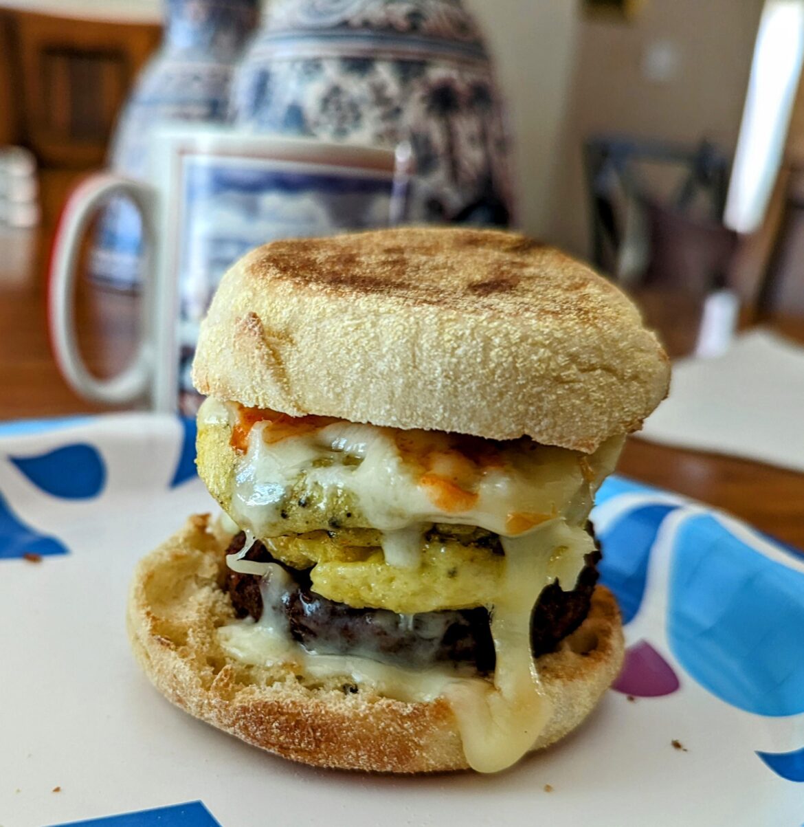 Homemade breakfast sandwich! Sausage, eggs, habanero cheddar cheese with siracha sauce.