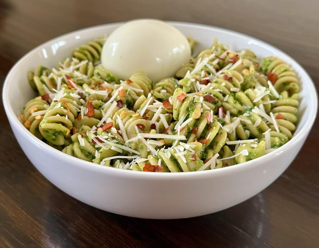 Whole wheat Rotini pasta with fresh parsley pesto.