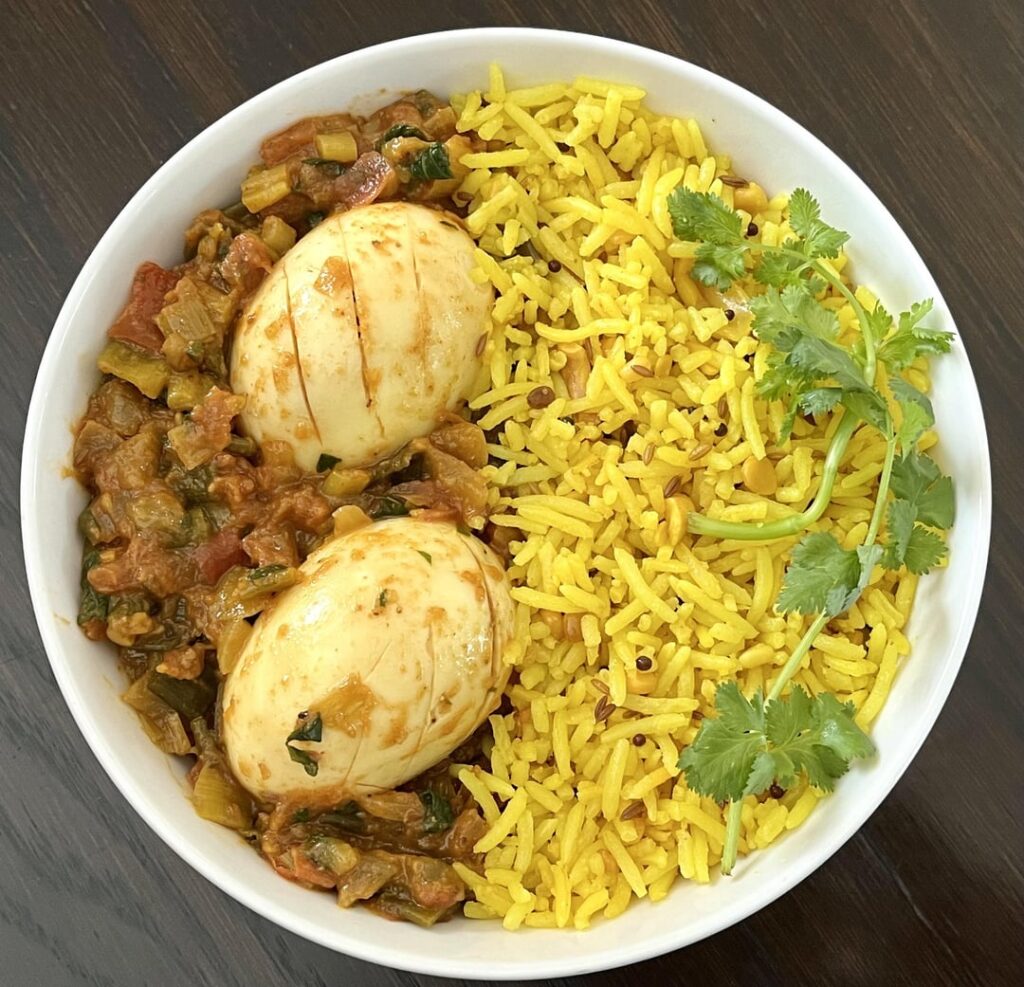 Lemon-turmeric Basmati rice with curried eggs.