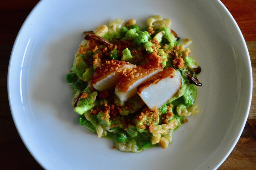 Pan-Roasted Sea Scallop, Spaetzle, Spring Pea, Shiitake, Brown Butter