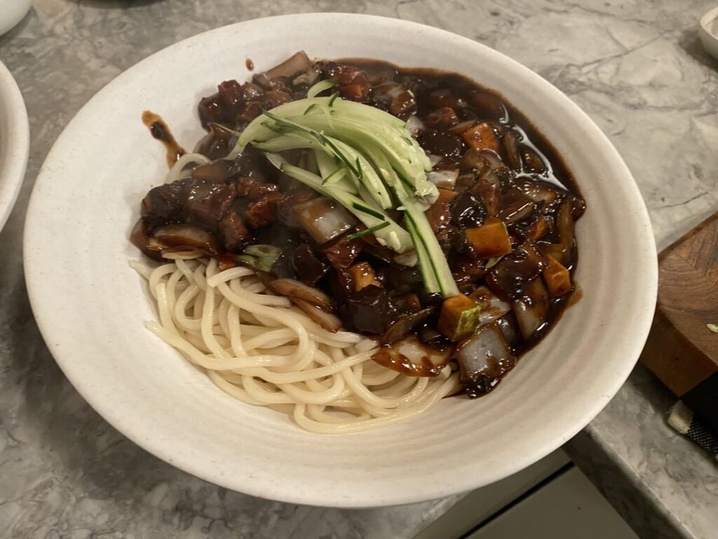 Homemade jjajangmyun with ALL the accompaniments