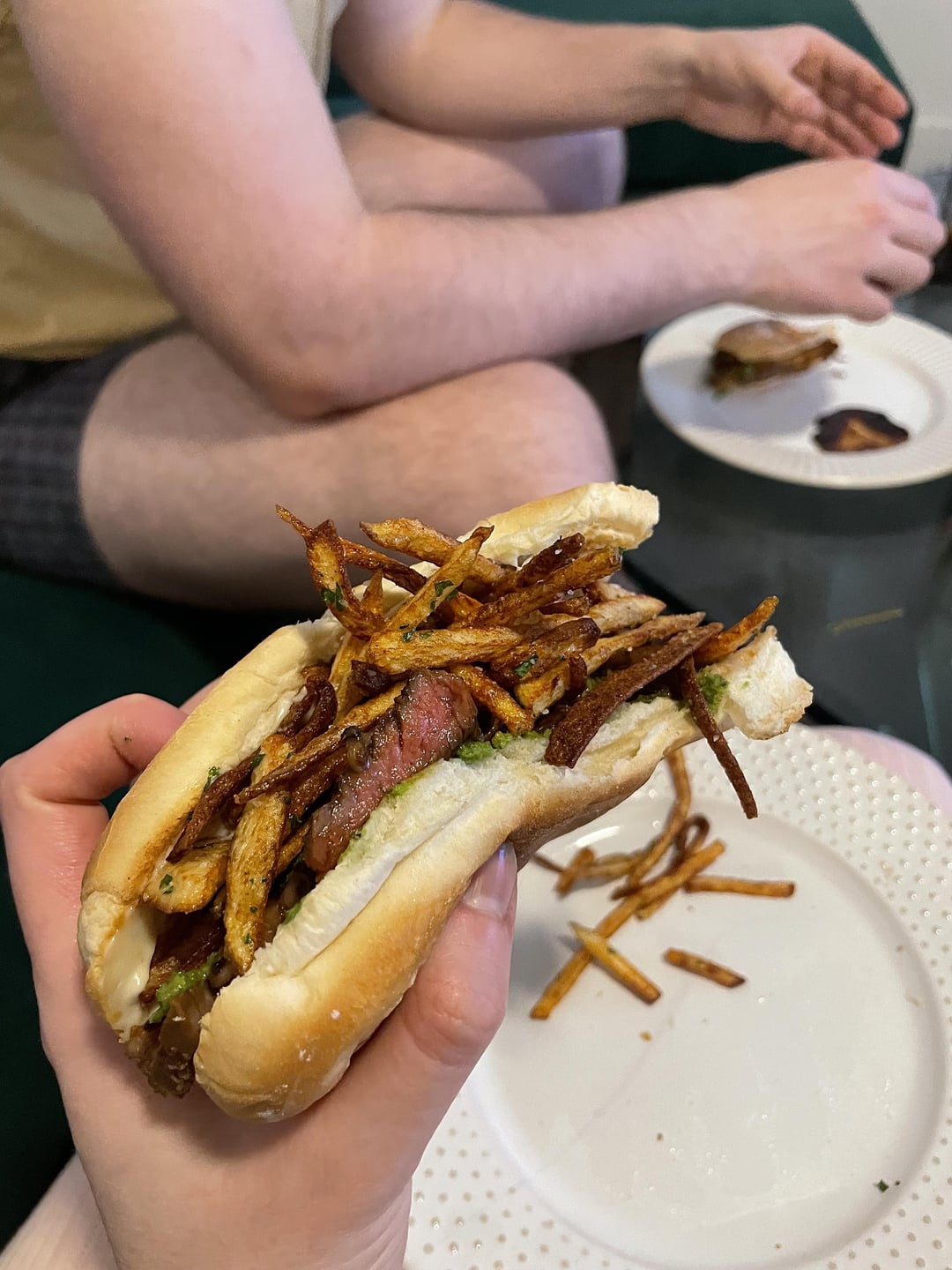 ponzu marinated / glazed steak sandwich w/ chimichurri & shoe string