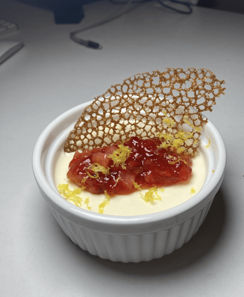 Lemon posset, strawberry gel, earl grey tuille