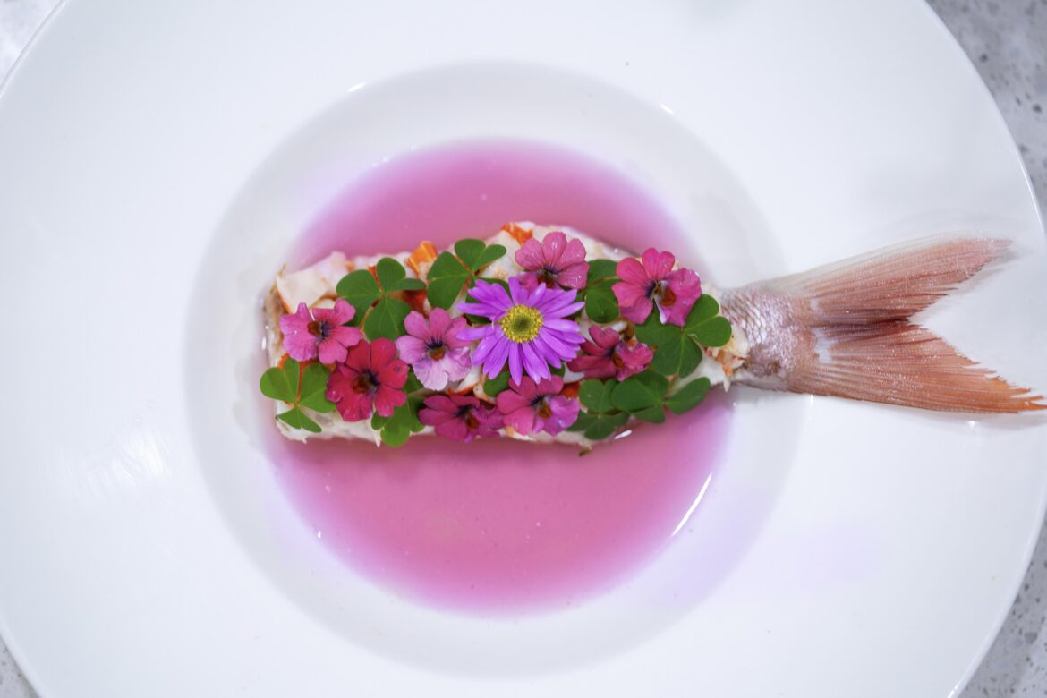 Snapper with prawns, citrus gel, rose infused Dashi.