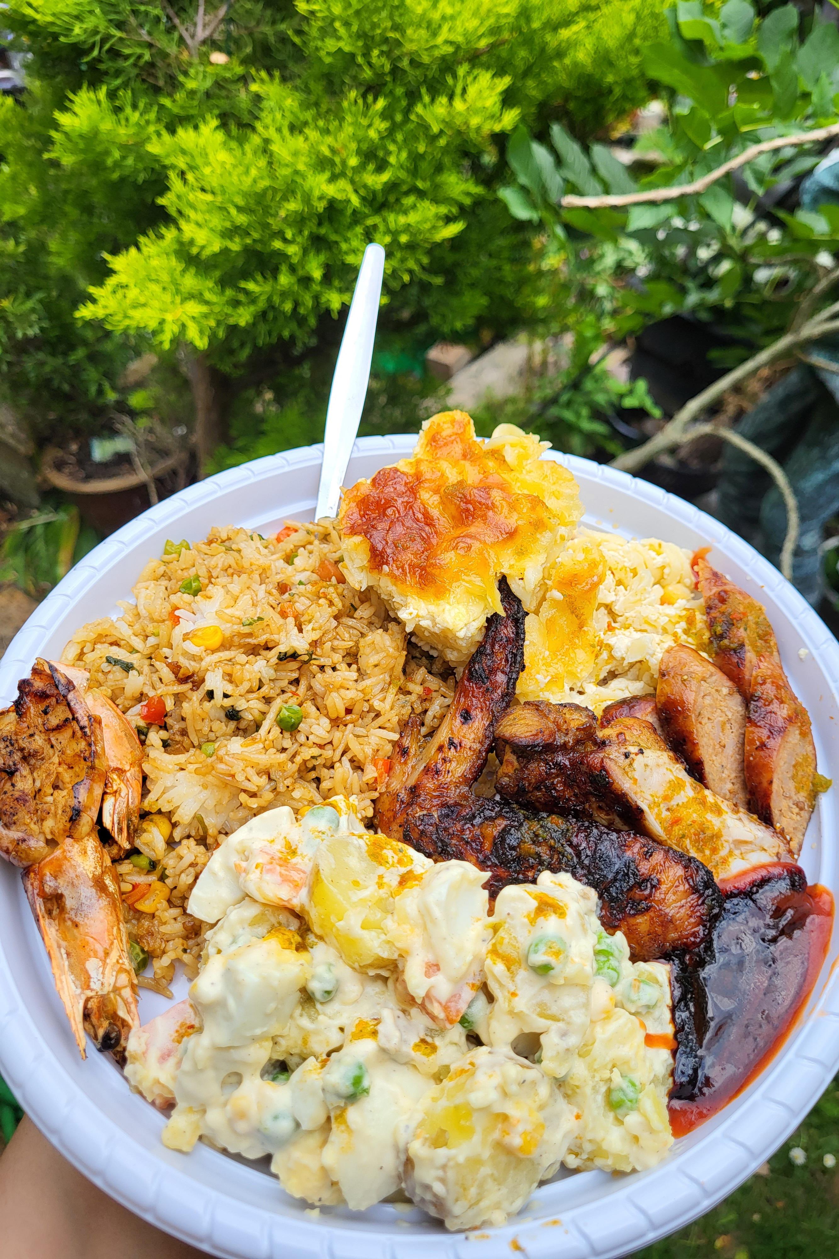 [OC] Made some BBQ wings/prawns/sausages with fried rice, potato salad