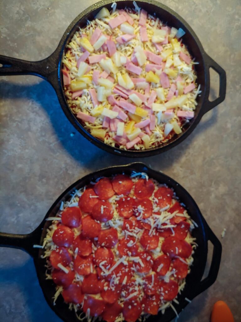 Made the famous cast iron pizza last night. [Pineapple Warning!] Sorry for the potato quality pictures!