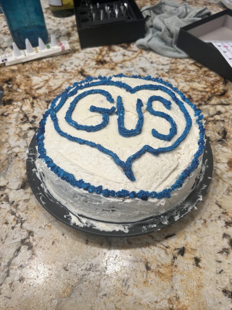 Had to put my good boy Gus down yesterday. My daughter and I baked a cake in his honor. Very rough, but he would have loved it. Vanilla custard filled with vanilla custard buttercream frosting.