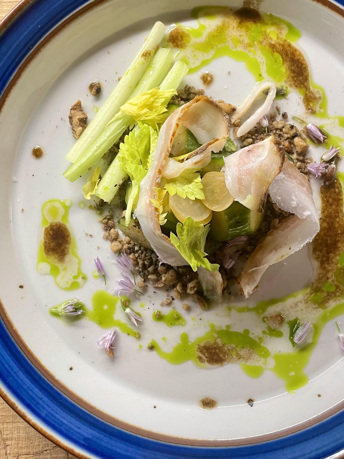 Charred cucs, walnut, jowl, cel and pickled grapes