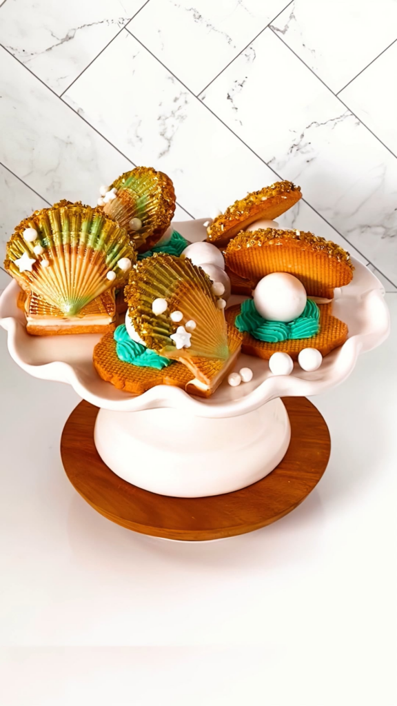 I made seashell shortbread sandwich cookies with bonbon pearl centers