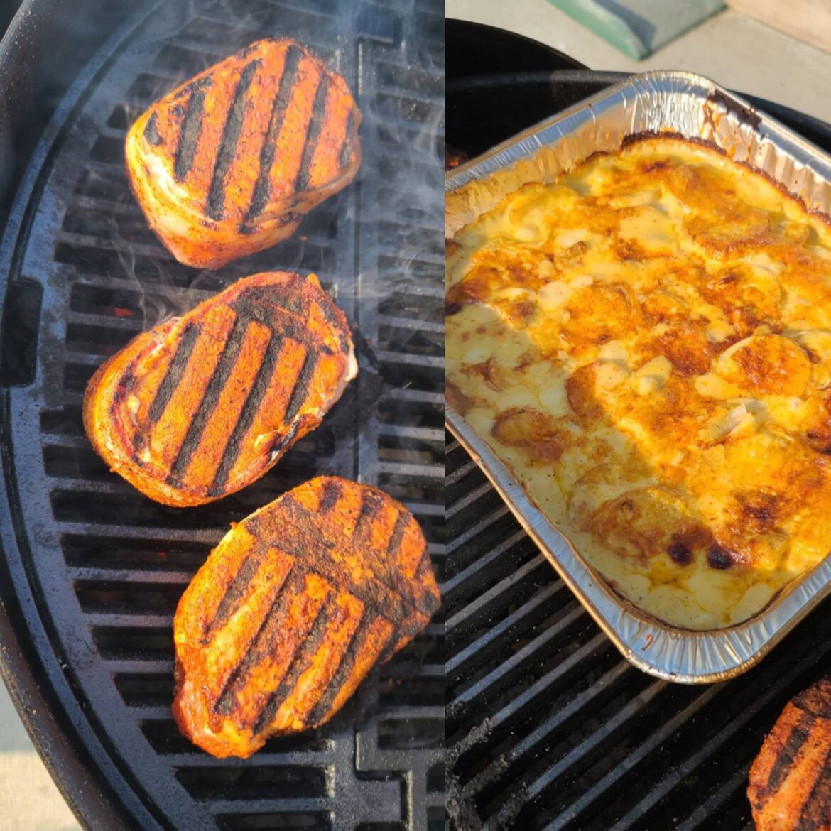 Applewood smoked porkchops and cheesy potatoes.
