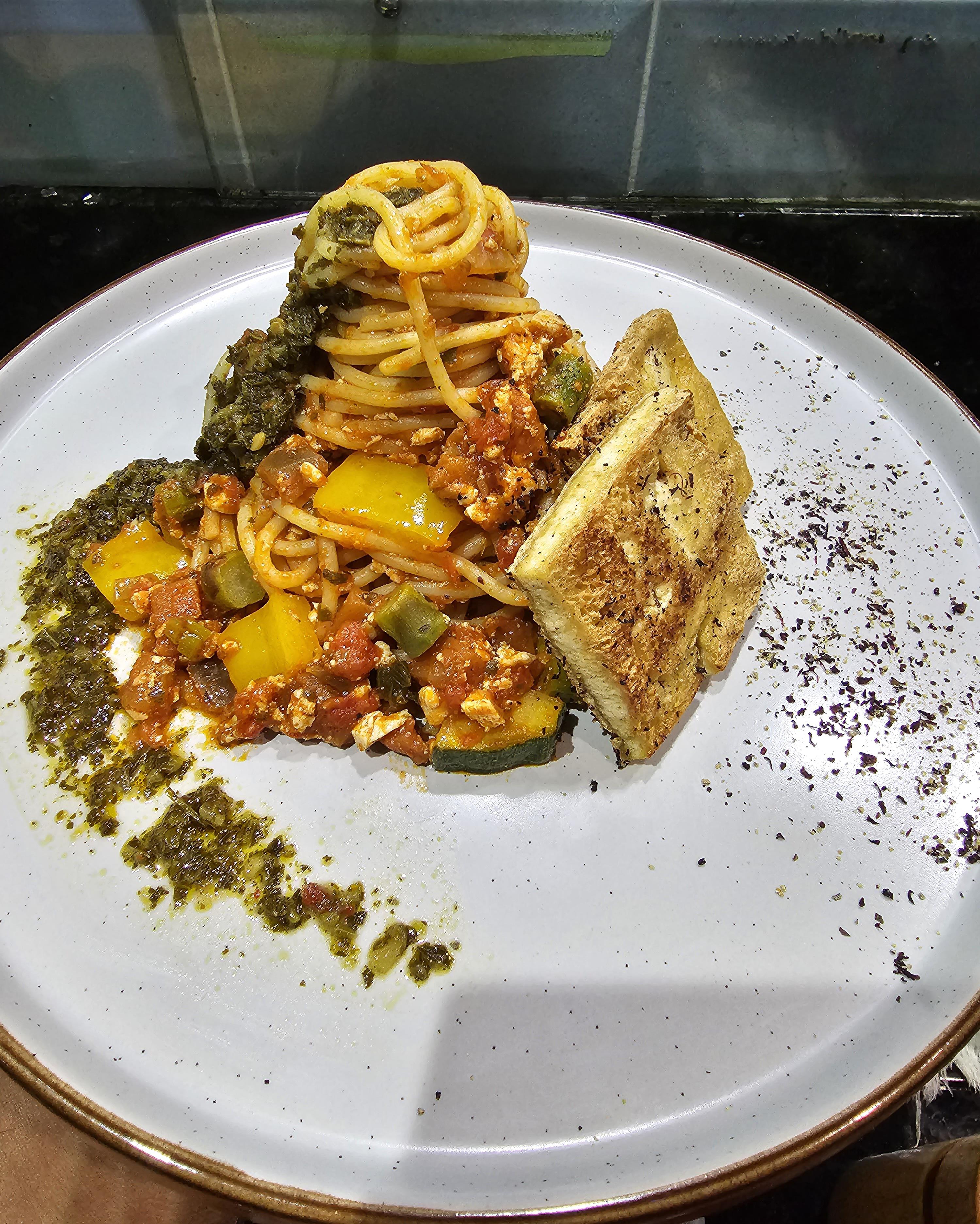 Used crumbled tofu and chimichurri sauce for this veg spaghetti. Dining and Cooking