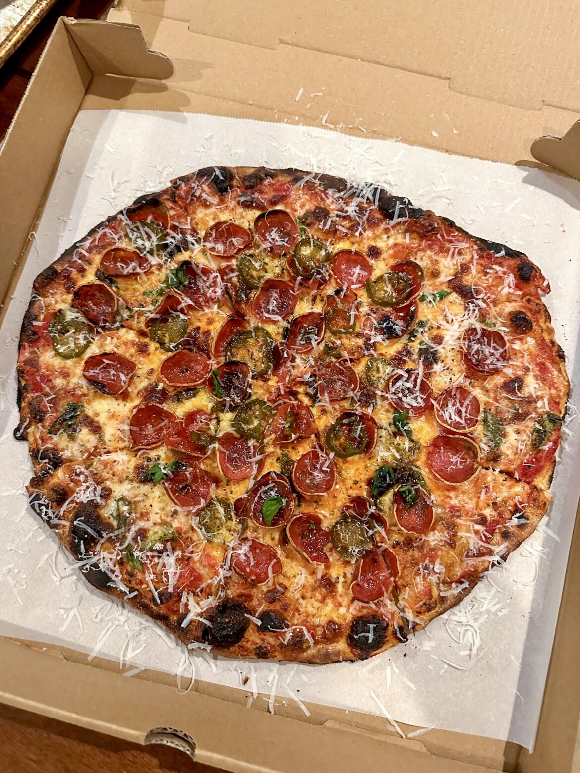 [Homemade] Thin-Crust Pepperoni & Pickled Jalapeño Pizza