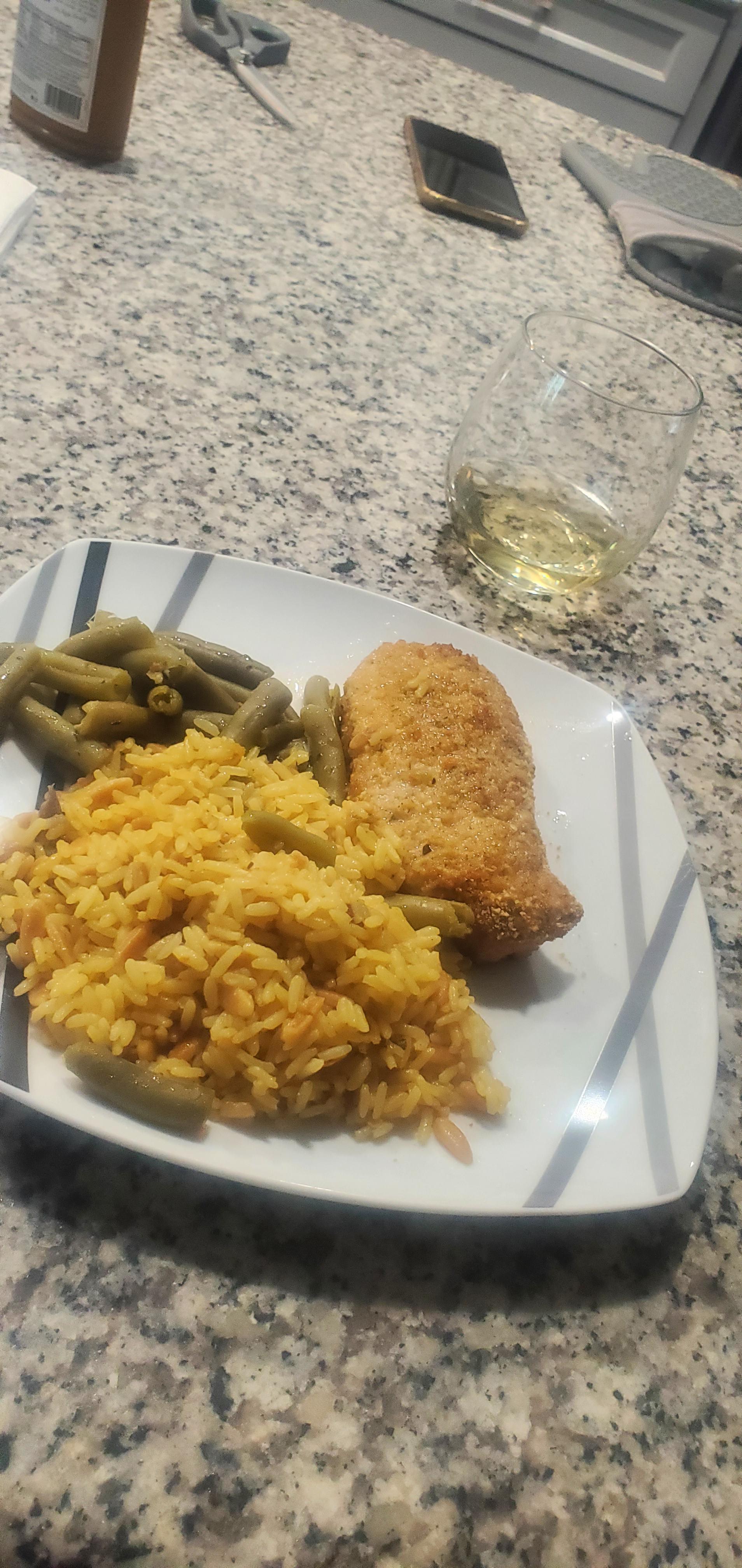 Shake and Bake pork chops, Rice Pilaf, Green Beans, Chardonnay and a