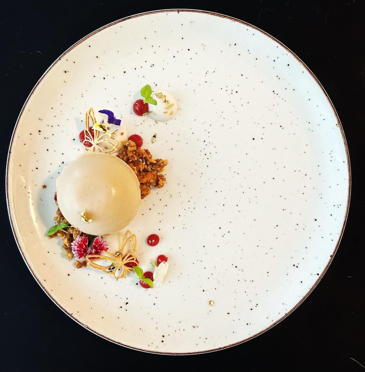 Rhubarb, coconut, raspberry, walnut streusel, lemon basil