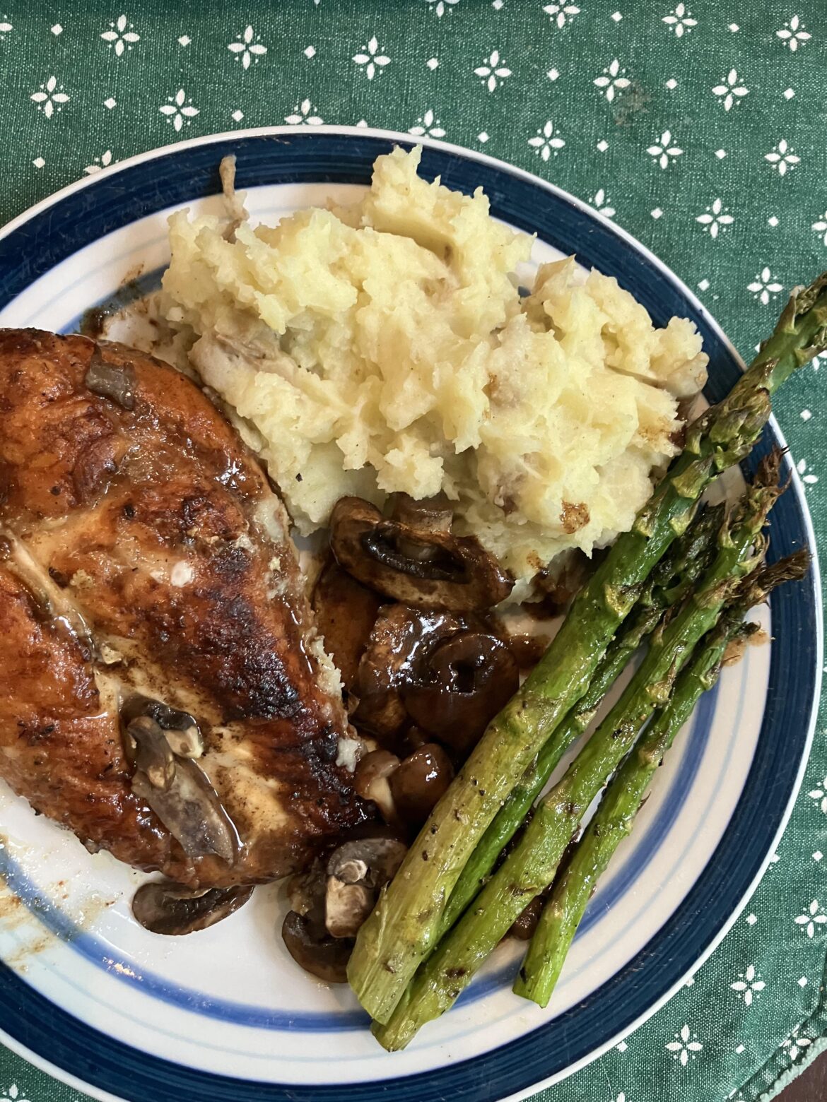 Chicken Marsala, Mashed Potatoes, Mushrooms, & Asparagus