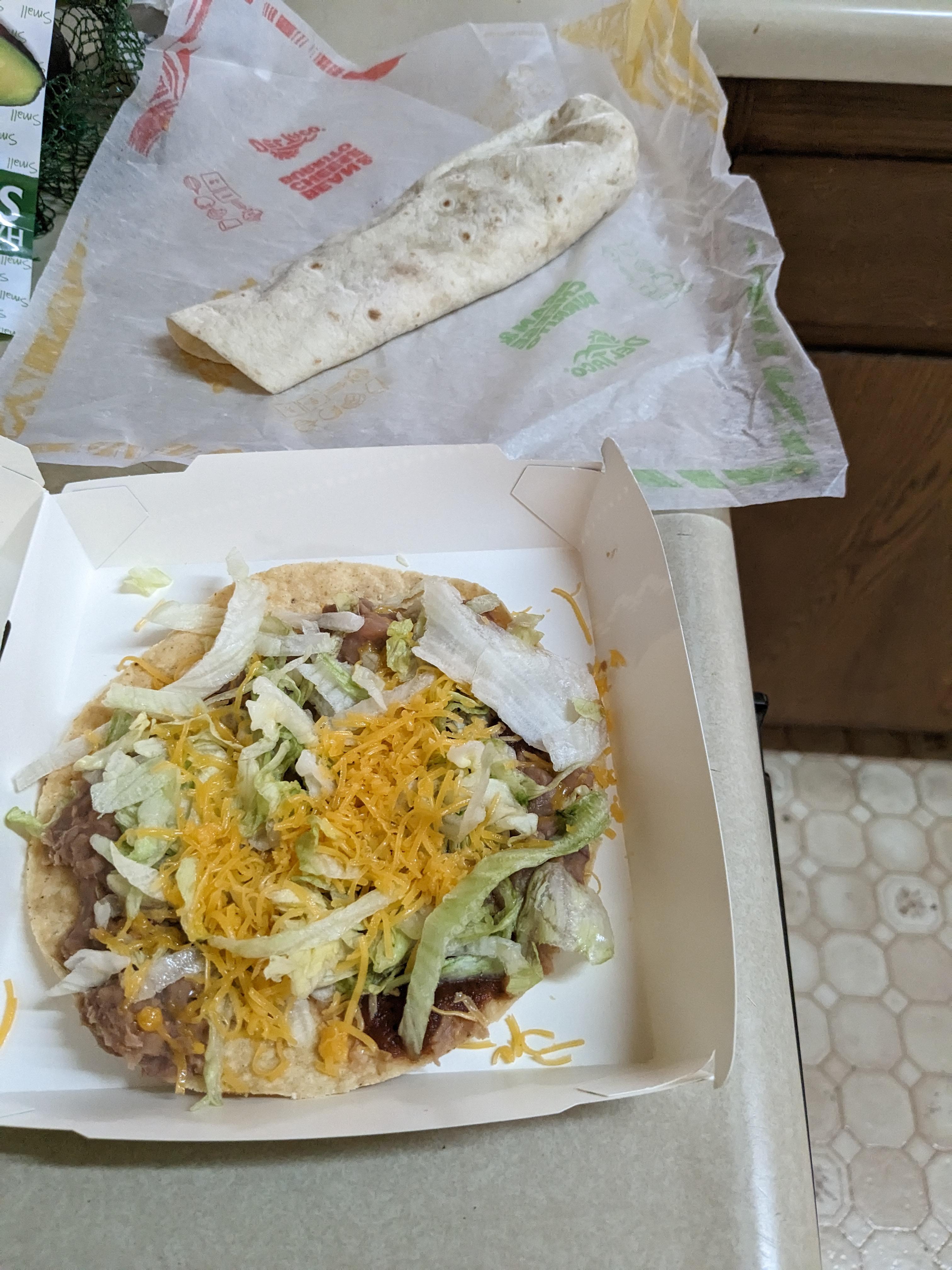Del Taco tostada and bean and cheese burrito Dining and Cooking