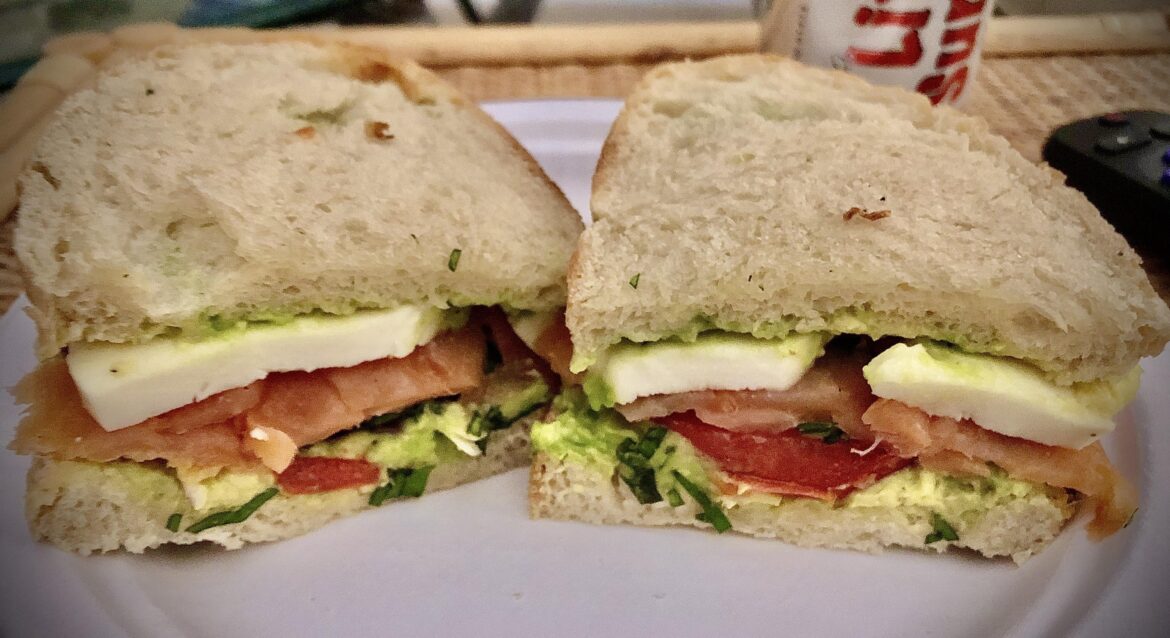 Homemade guacamole(w/lime, garlic and shallot, cumin, cayenne, cilantro, s+p), tomato, fresh mozzarella, smoked salmon on country loaf.