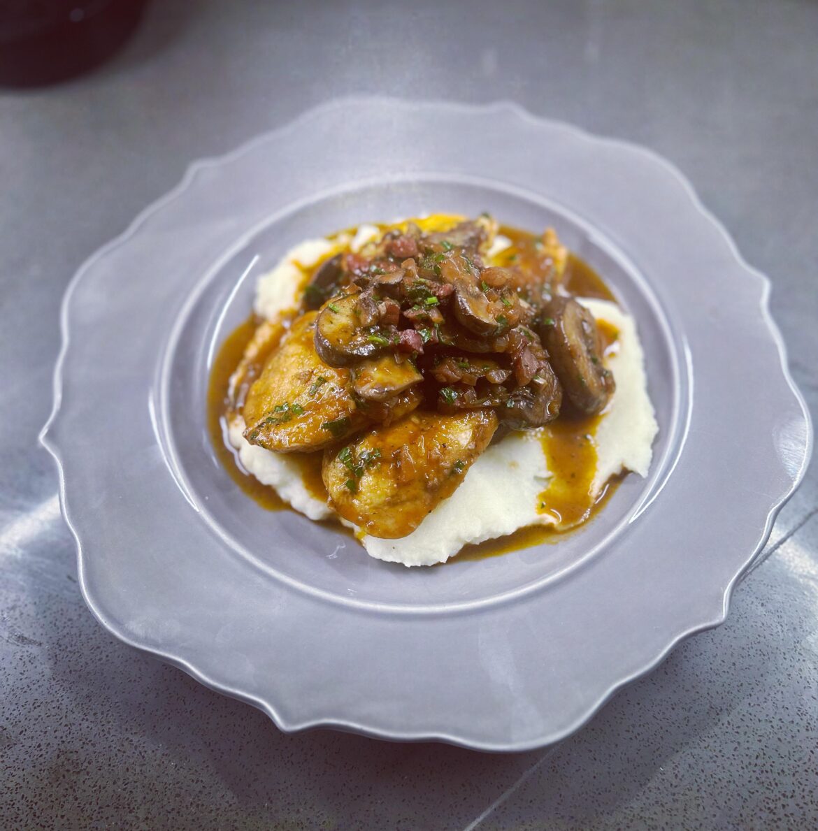 Chicken Marsala on Parmesan mashed potatoes