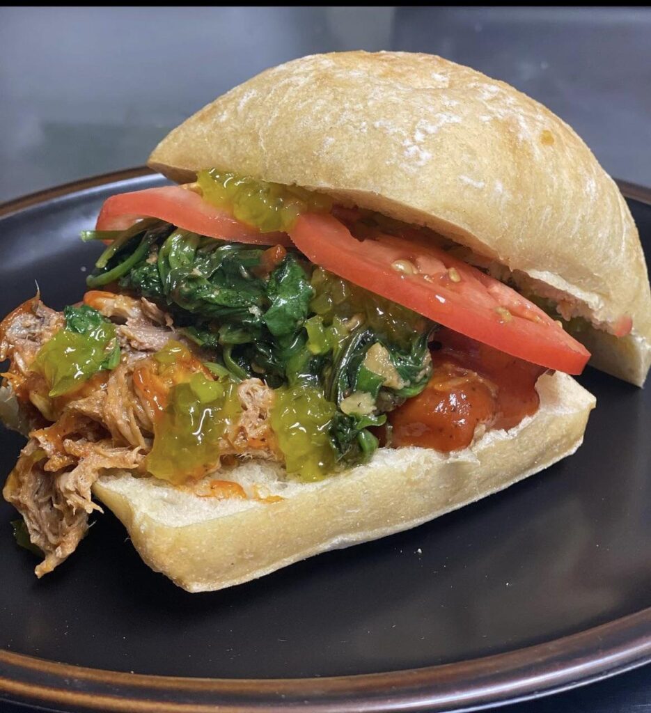 This was great. BBQ Pork with Sautéed Spinach, Sweet Pickle Relish, and Tomatoes.