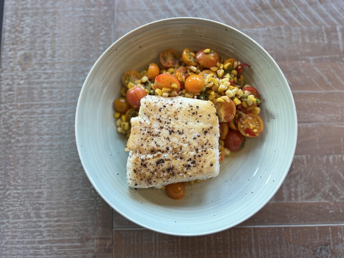 Skillet halibut with charred corn salad