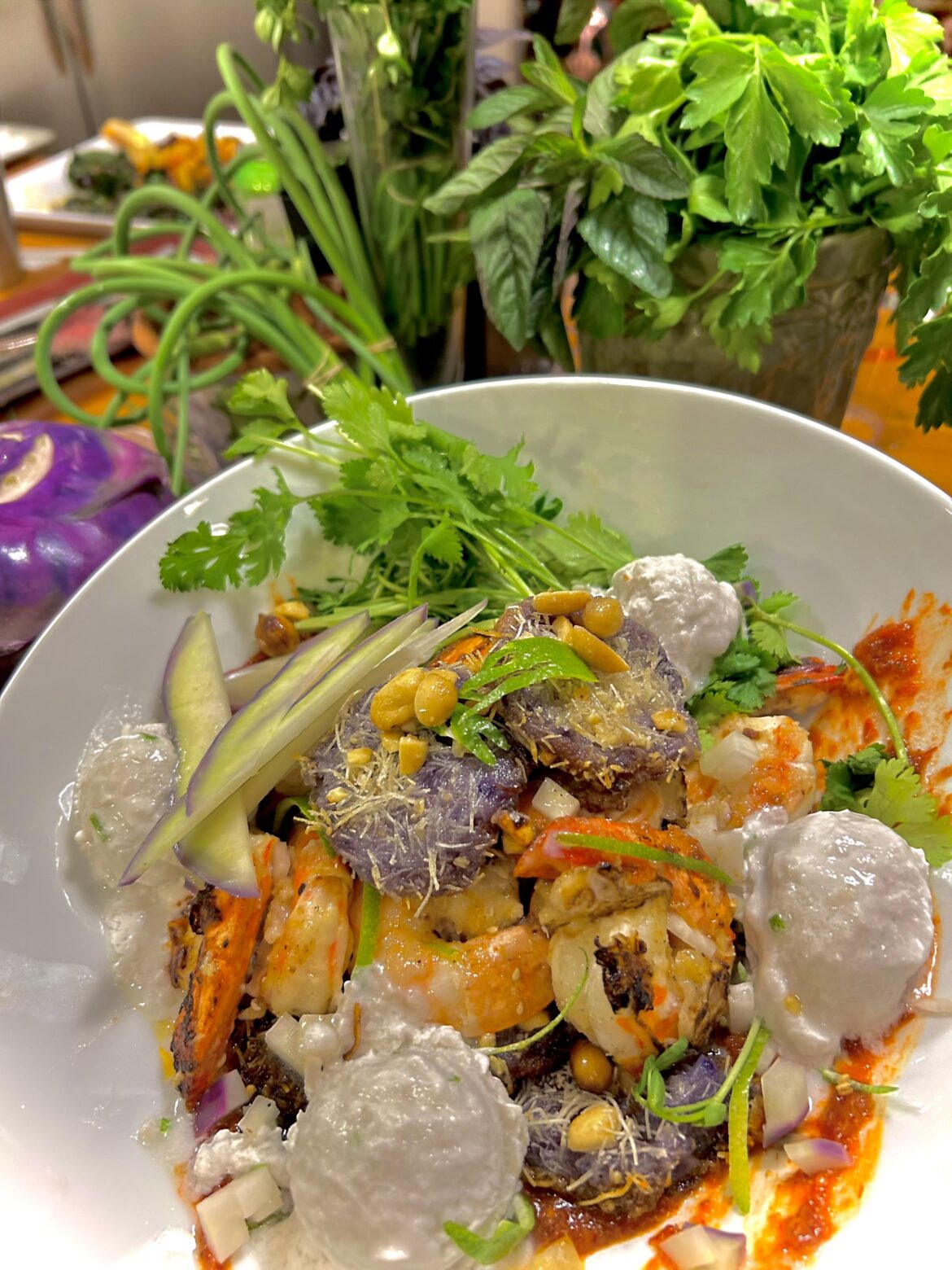 Kohlrabi “mochi”, tiger shrimp, coconut lime granita