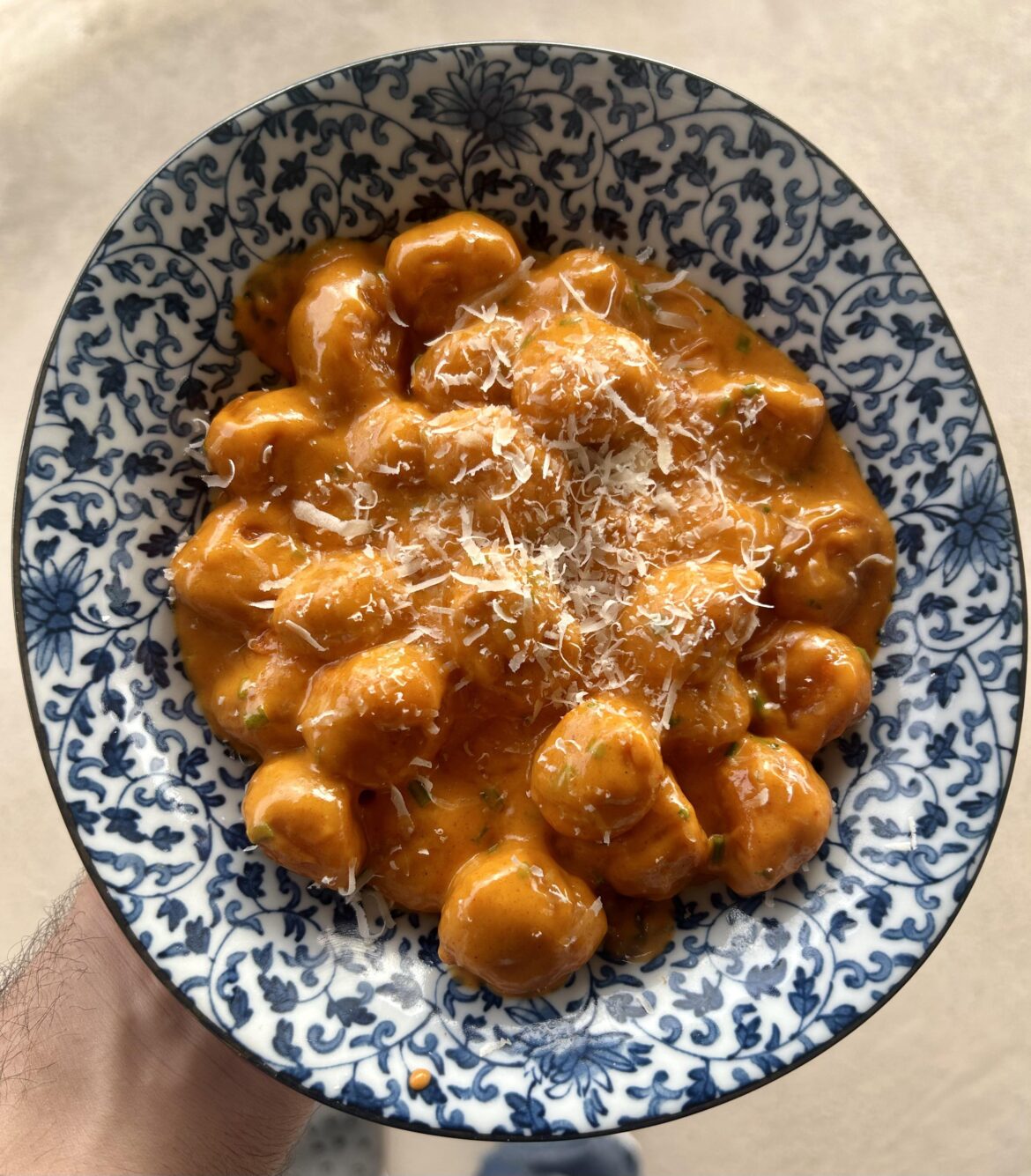 Thank you to u/ManMarz96 for sharing their sweet potato gnocchi with a creamy gochujang sauce. I added some parmesan. Enjoy!