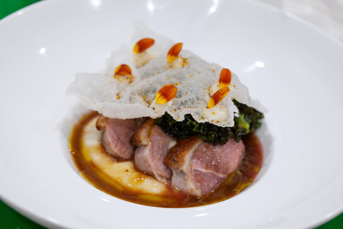Duck, cauliflower purée, crispy kale, fried rice paper, chicken glacé with an orange salt