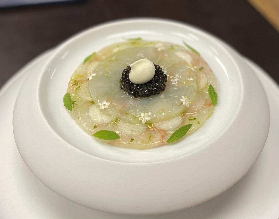 Langoustine, avocado, asparagus, caviar, elder flower