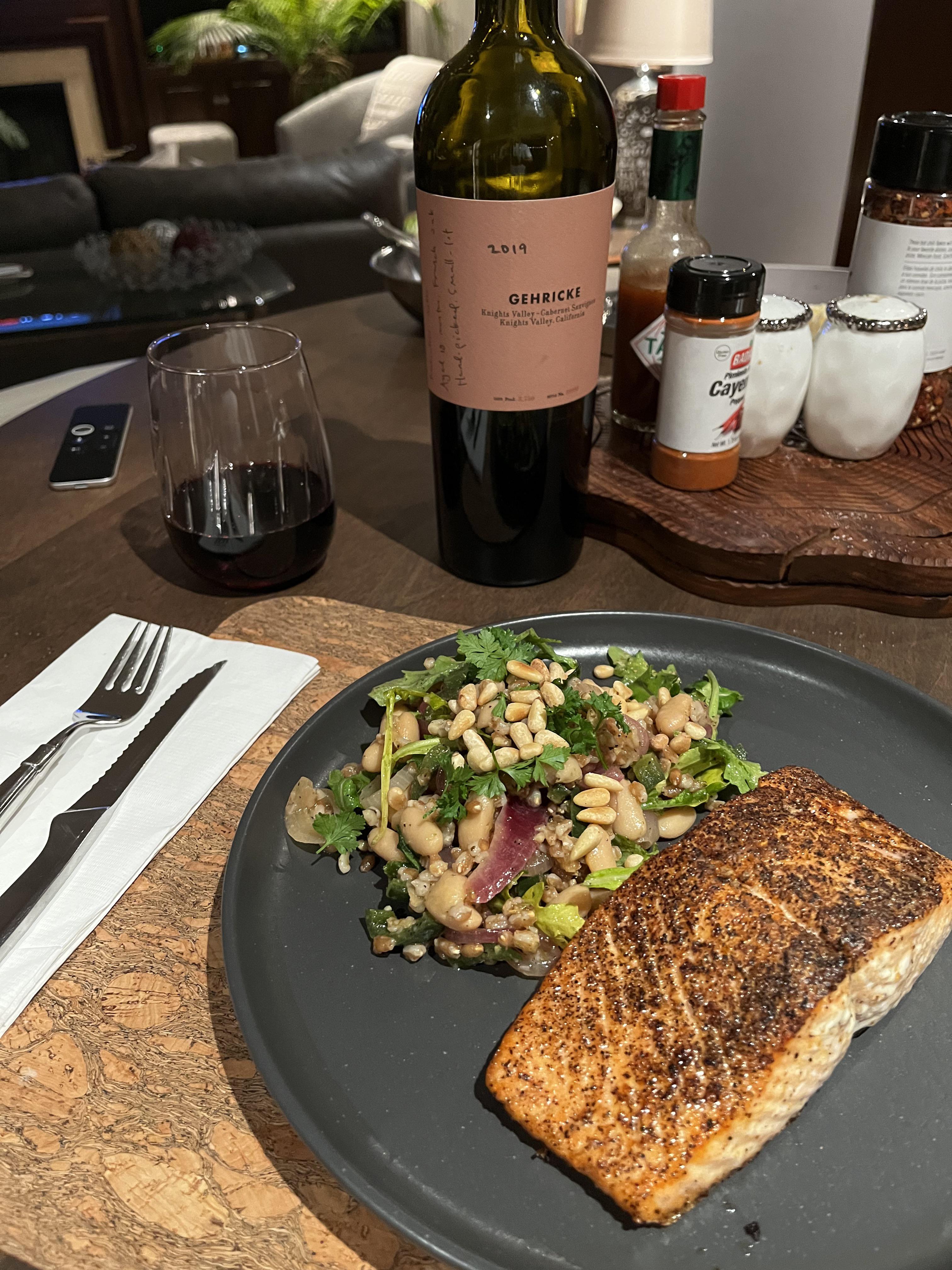 Wild salmon, farro arugula, bean salad Dining and Cooking