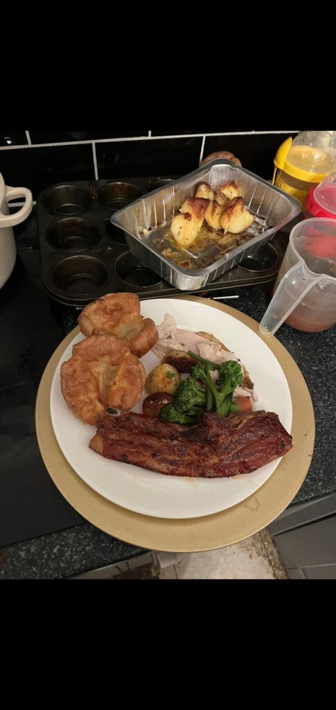Pork belly, homemade Yorkshire, roast potatoes, veggies