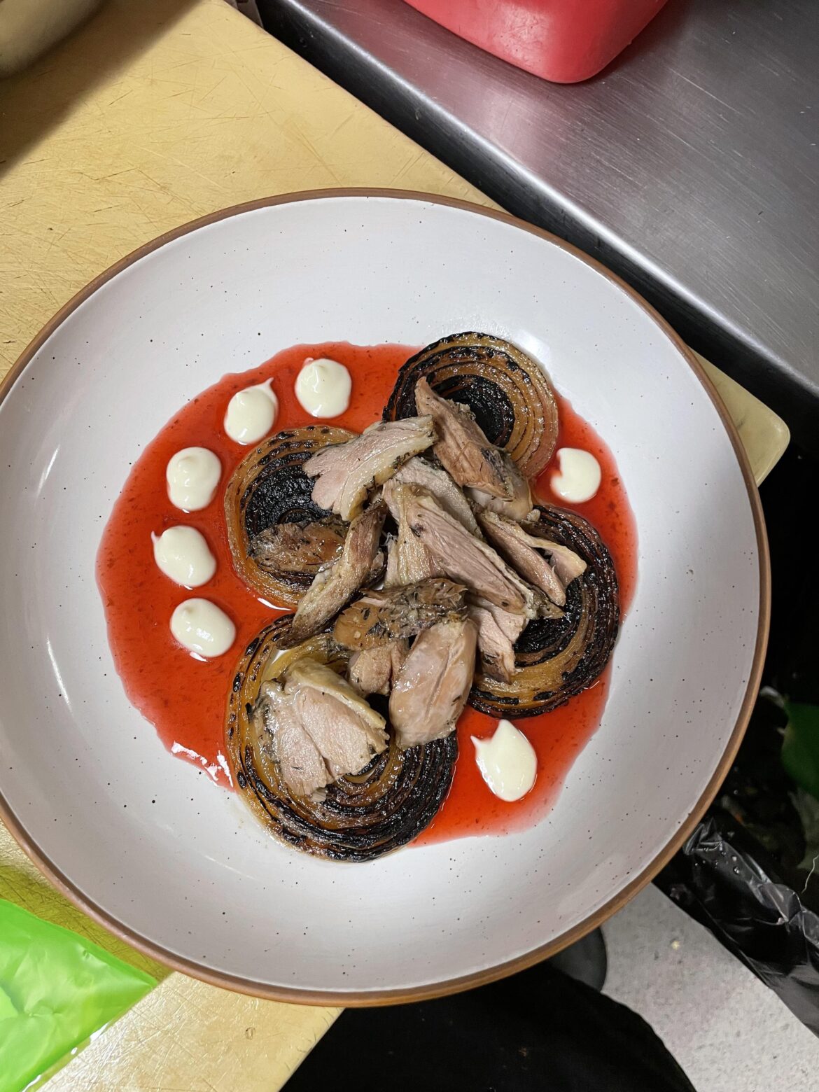 Duck with on charred and roasted onions, plum gastric and fennel soubise