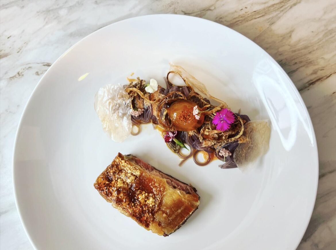 Shrimp Sauce Glass Noodles, Shoyuzuke Yolk, Shrimp Wafers, Fried Shallots, Calamans Kosho with Pork Belly Confit