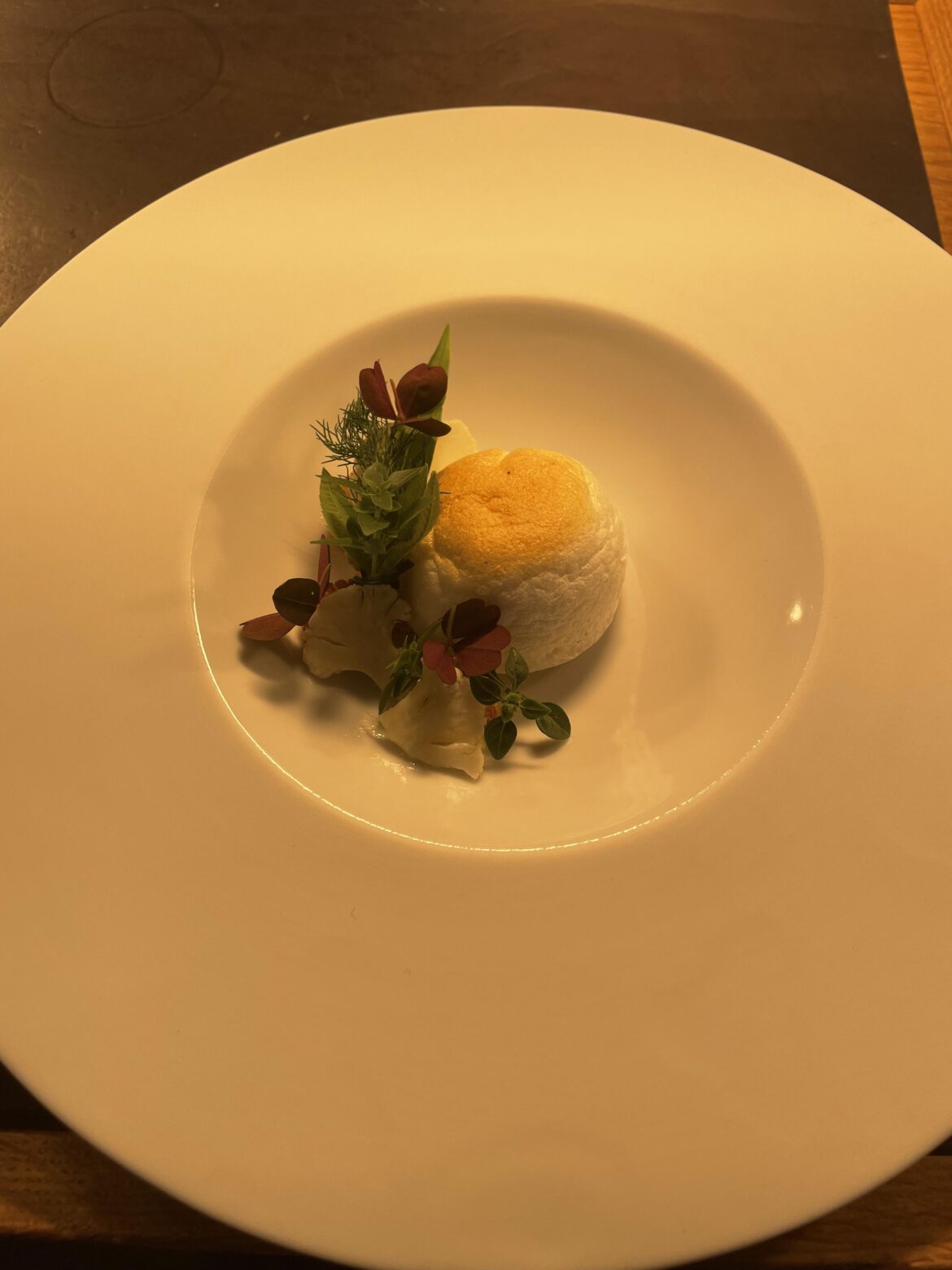 Egg soufflé, cauliflower, dukkah, verveine