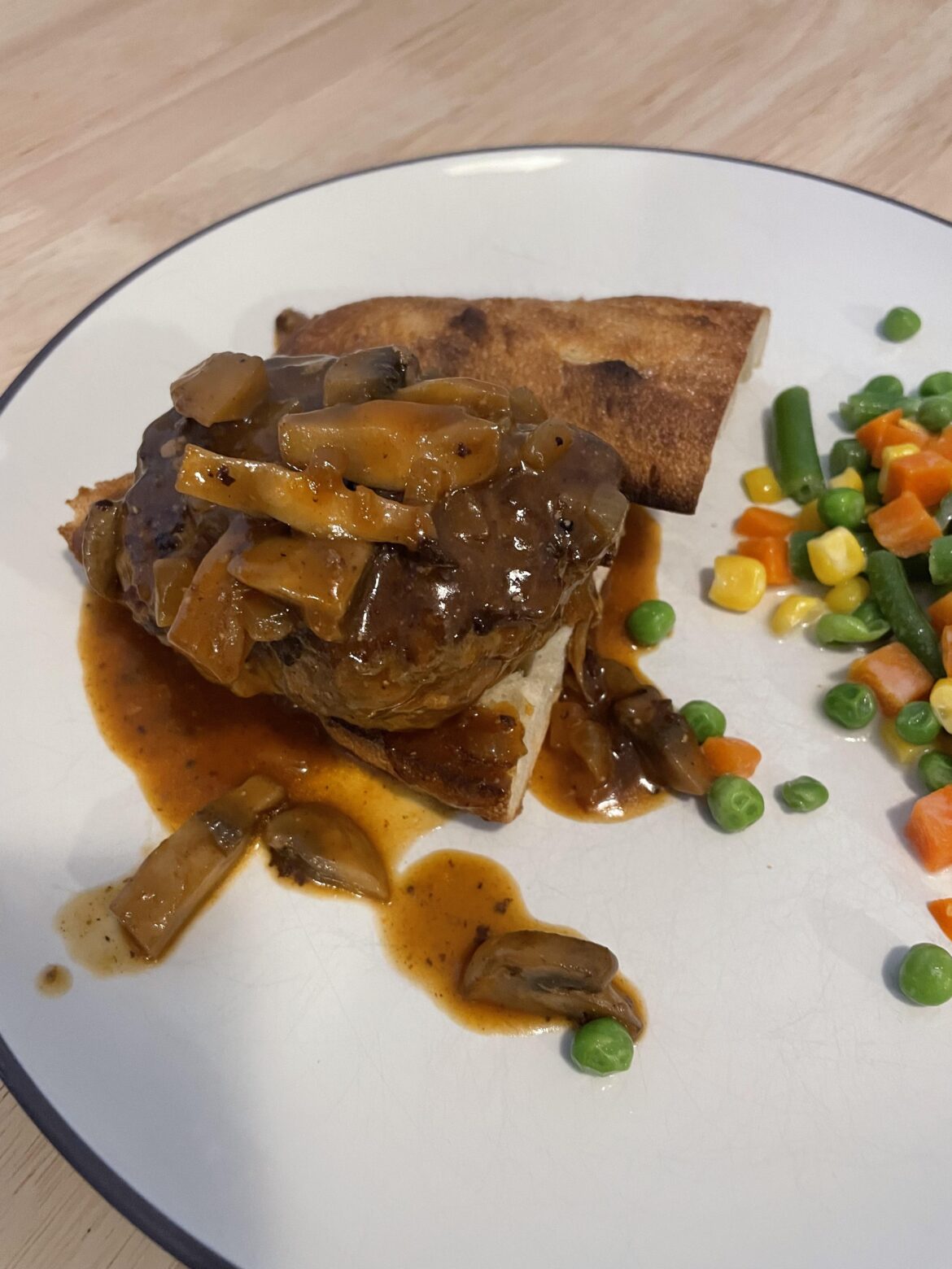 440 calories - salisbury steak with bread and basic bitch mixed veggies